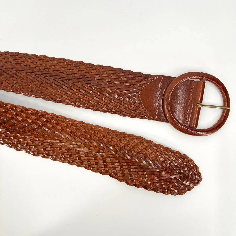 Womens Braided Woven Oversized Wide Leather Belt Cognac Brown Size Small - Picture 3 of 7